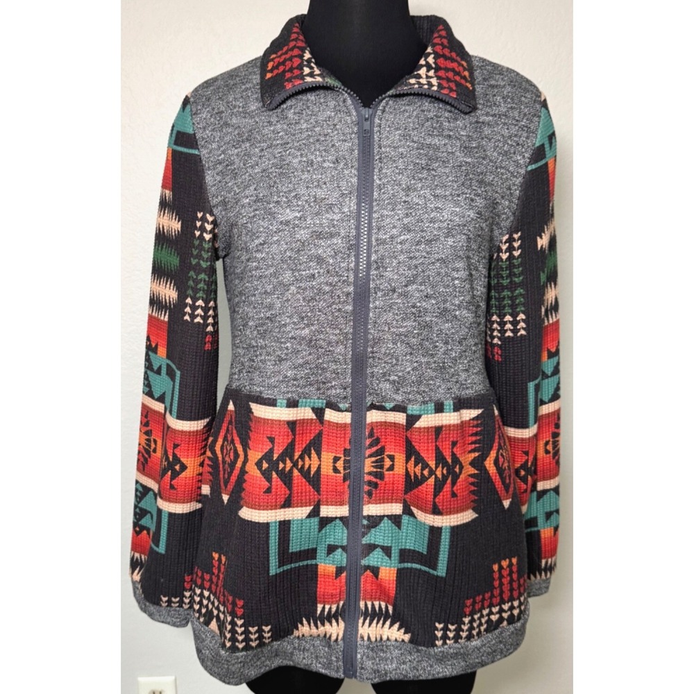 Fashion Express Jacket Women Medium Gray Orange Turqouise Aztec Print‎ Full Zip
